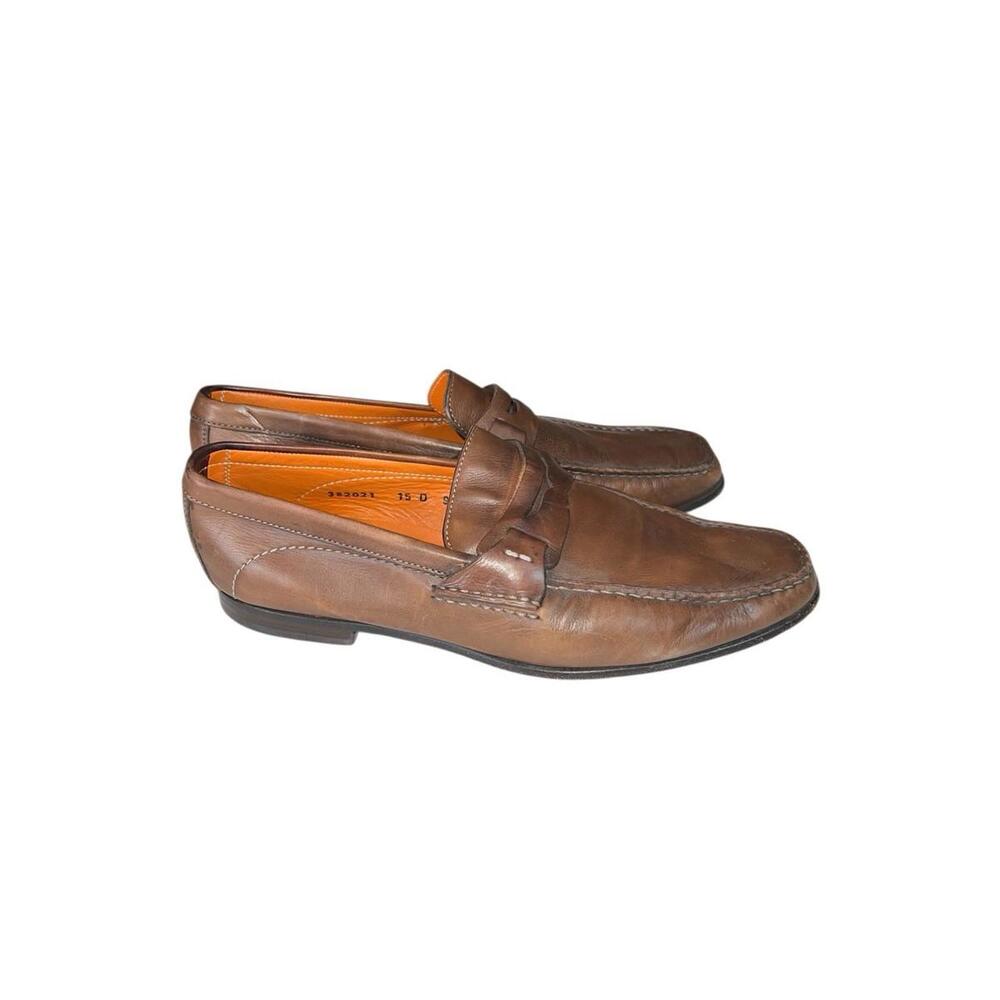 Santoni Men's Burnished Brown Leather Penny Loafers Size 9D Italian Luxury Shoes